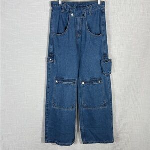 Y2K Liquid Lagoon Wide‎ Leg Denim Jeans Size 30x32 Skater Baggy Cargo Pockets